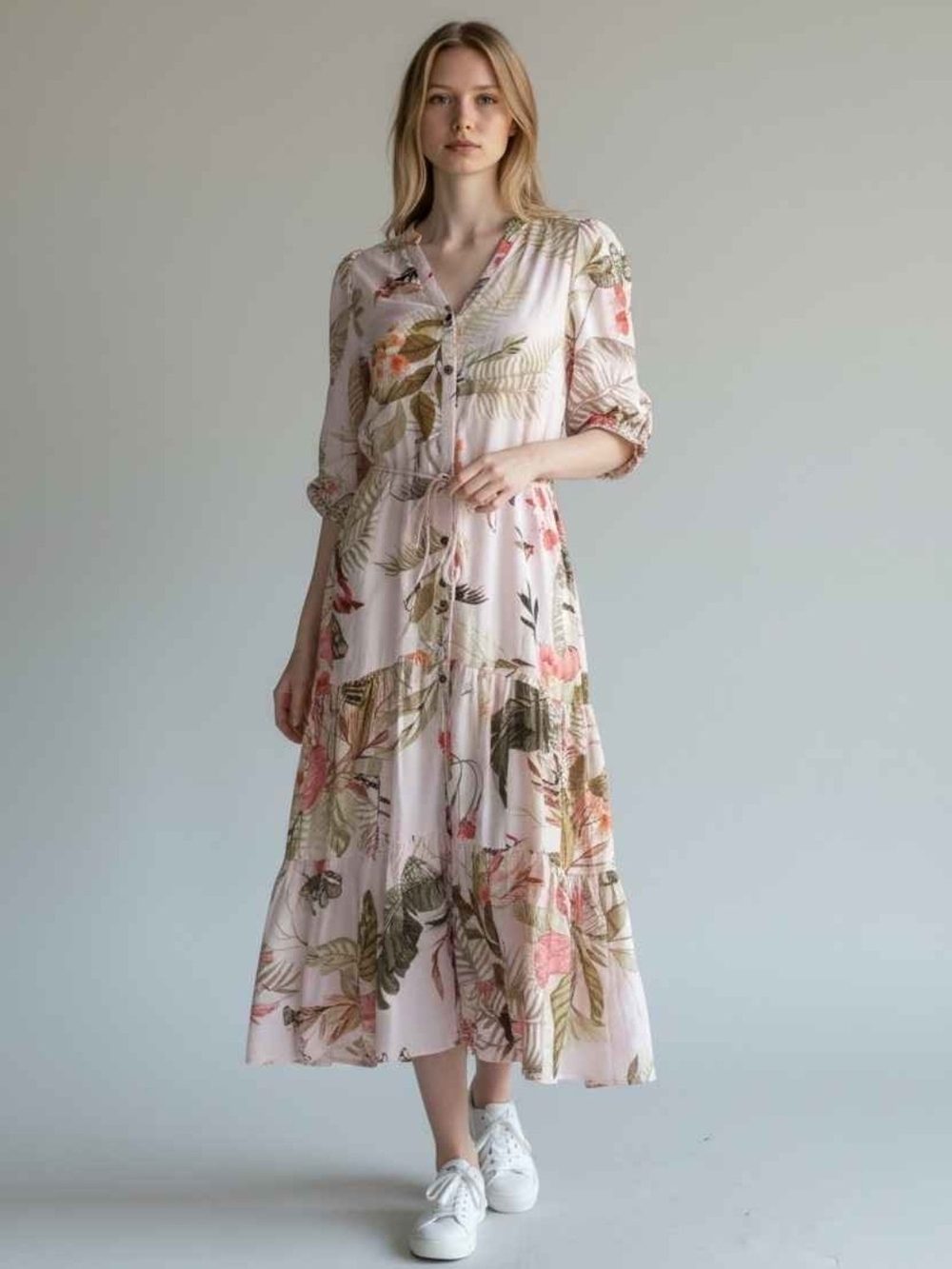 Floral Tiered Pink Maxi Dress with Drawstring Waist
